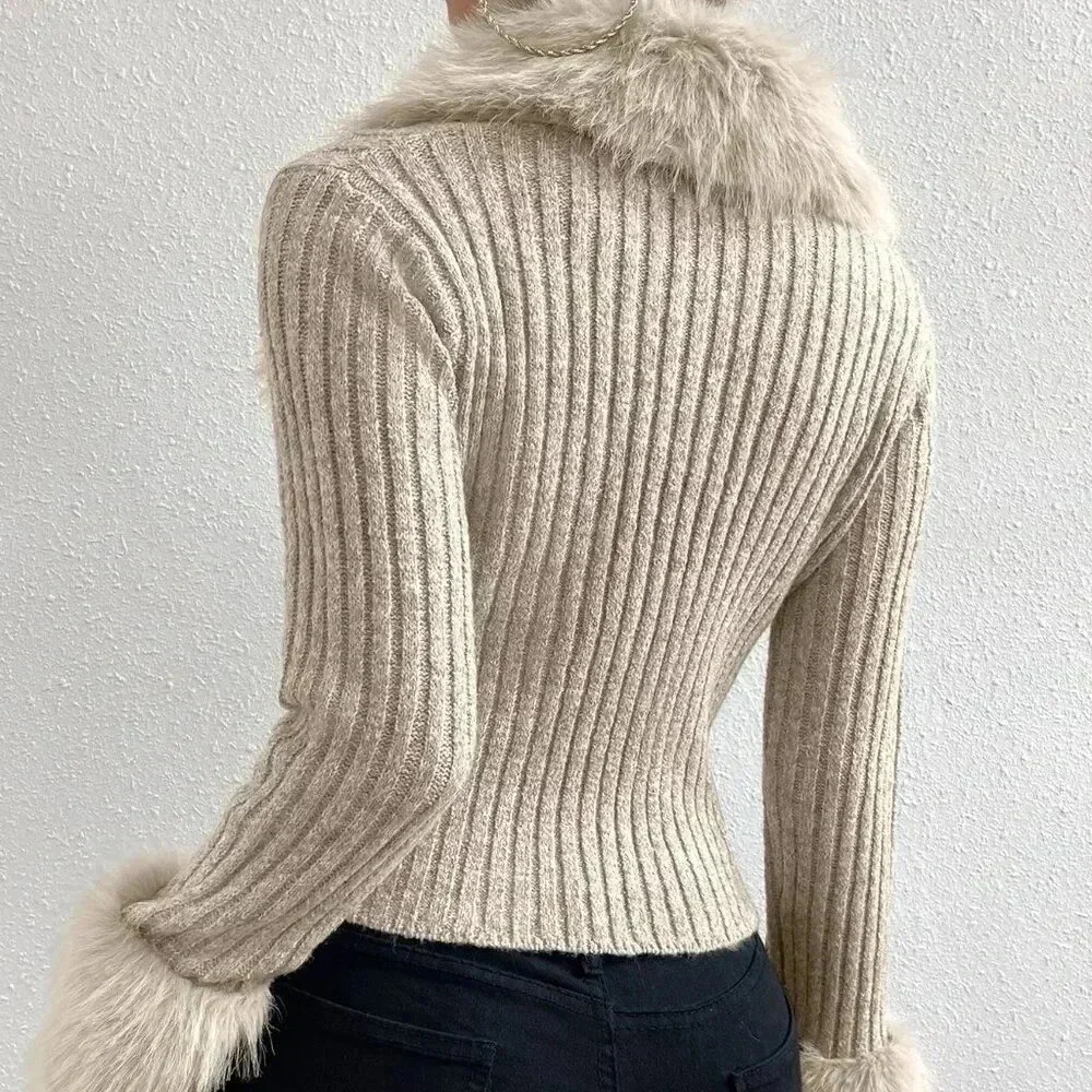 Apricot Elegant Women's Fuzzy Collar Ribbed Knit Cardigan - Picture 2 of 8